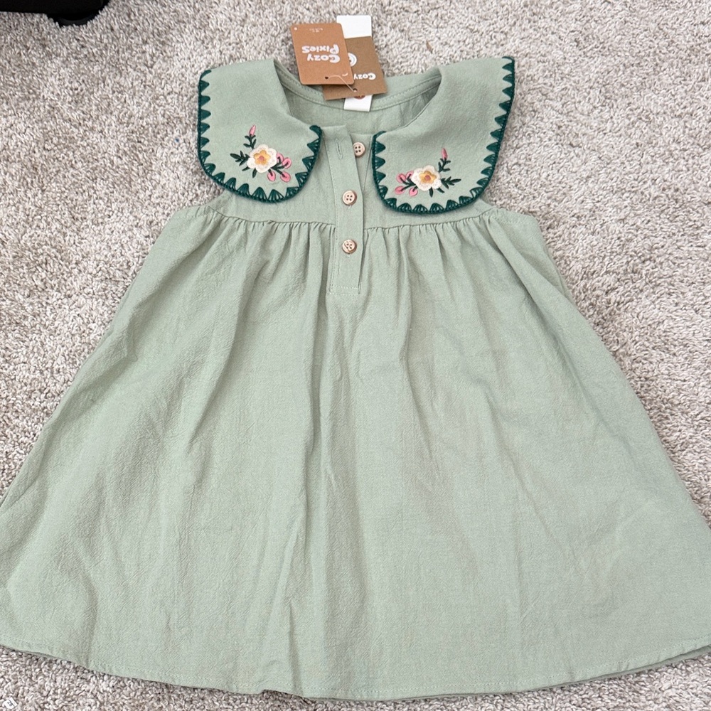 Girls Sage Green Embroidered Collar Dress